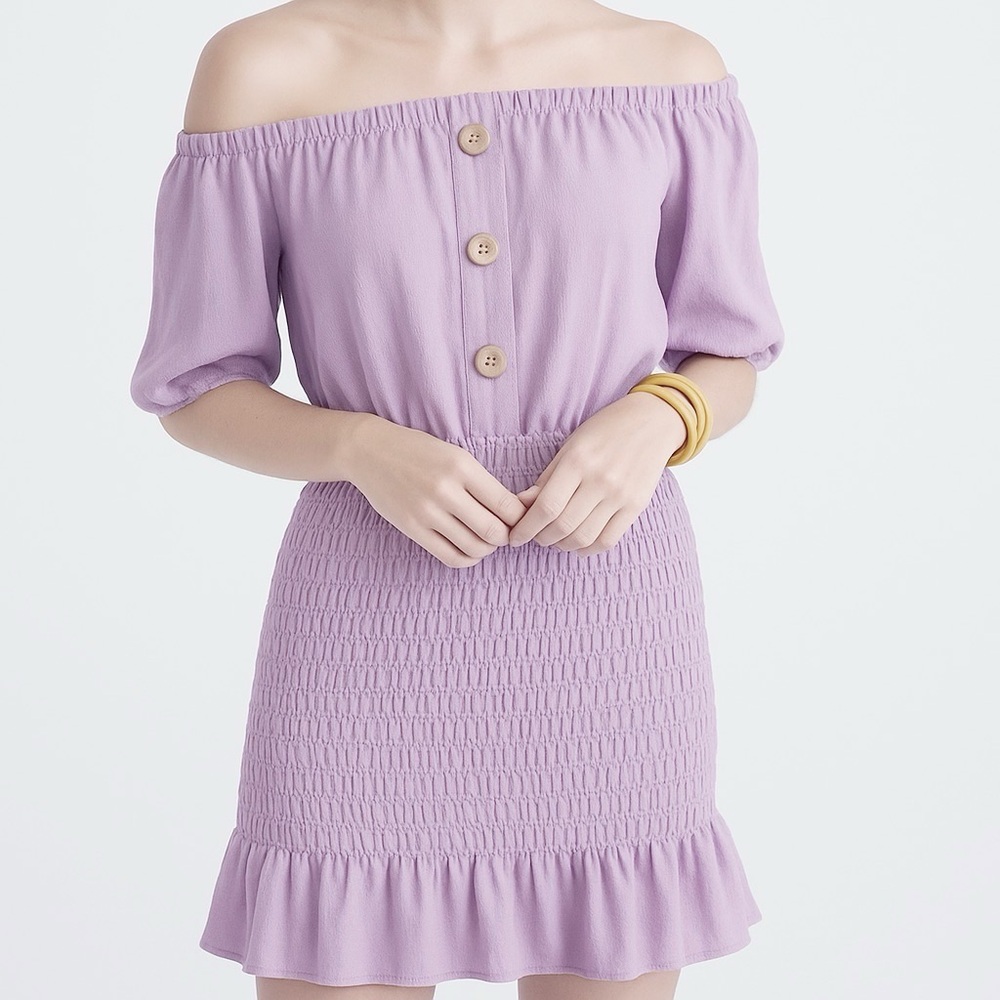 Karlie Off Shoulder Smocked Dress Linen Blend Lilac Size Medium